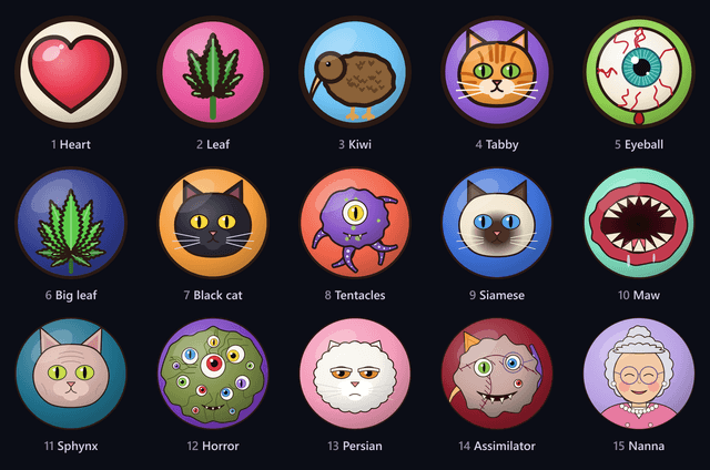 Assimilate — All fifteen tiers, from a heart to Nanna: placeholder art drawn in code, each subject on a disc of its own colour so it still reads at 28 pixels.