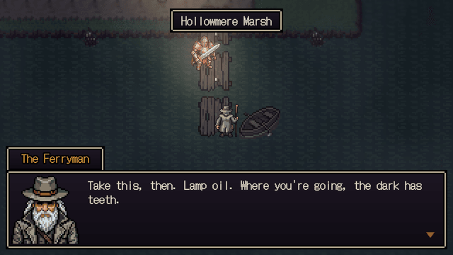 Tethered Darkness — Hollowmere Marsh: the ferryman leaves the party with lamp oil and a warning.