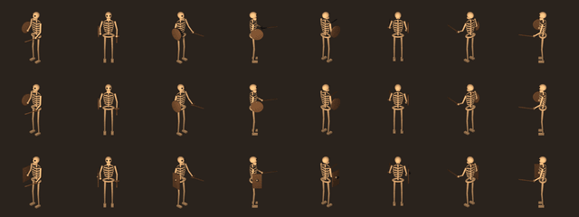 The Village of Suffering — The Blender sprite test: one skeleton in eight directions, with armour and weapons swapped in as layers.